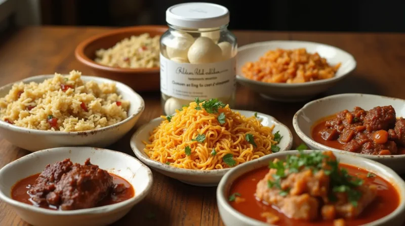 Global dishes featuring ramen, arroz con pollo, and stew with chicken bouillon cubes in the center.