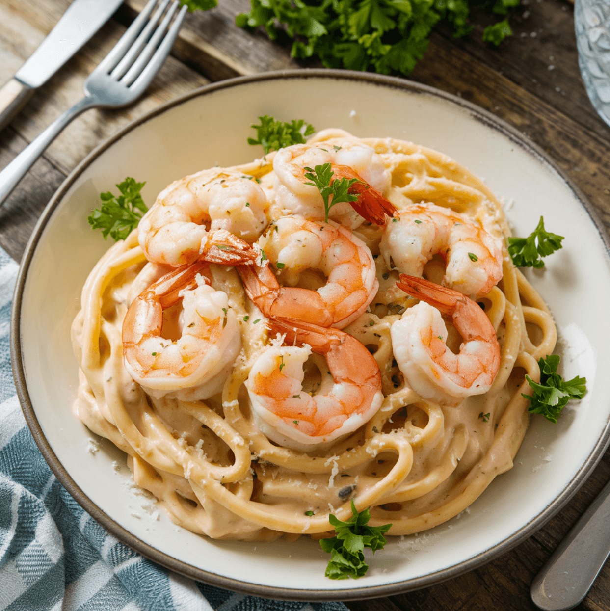 Plated dish of Alfredo Pasta with Shrimp garnished with parsley and Parmesan cheese on a wooden table.