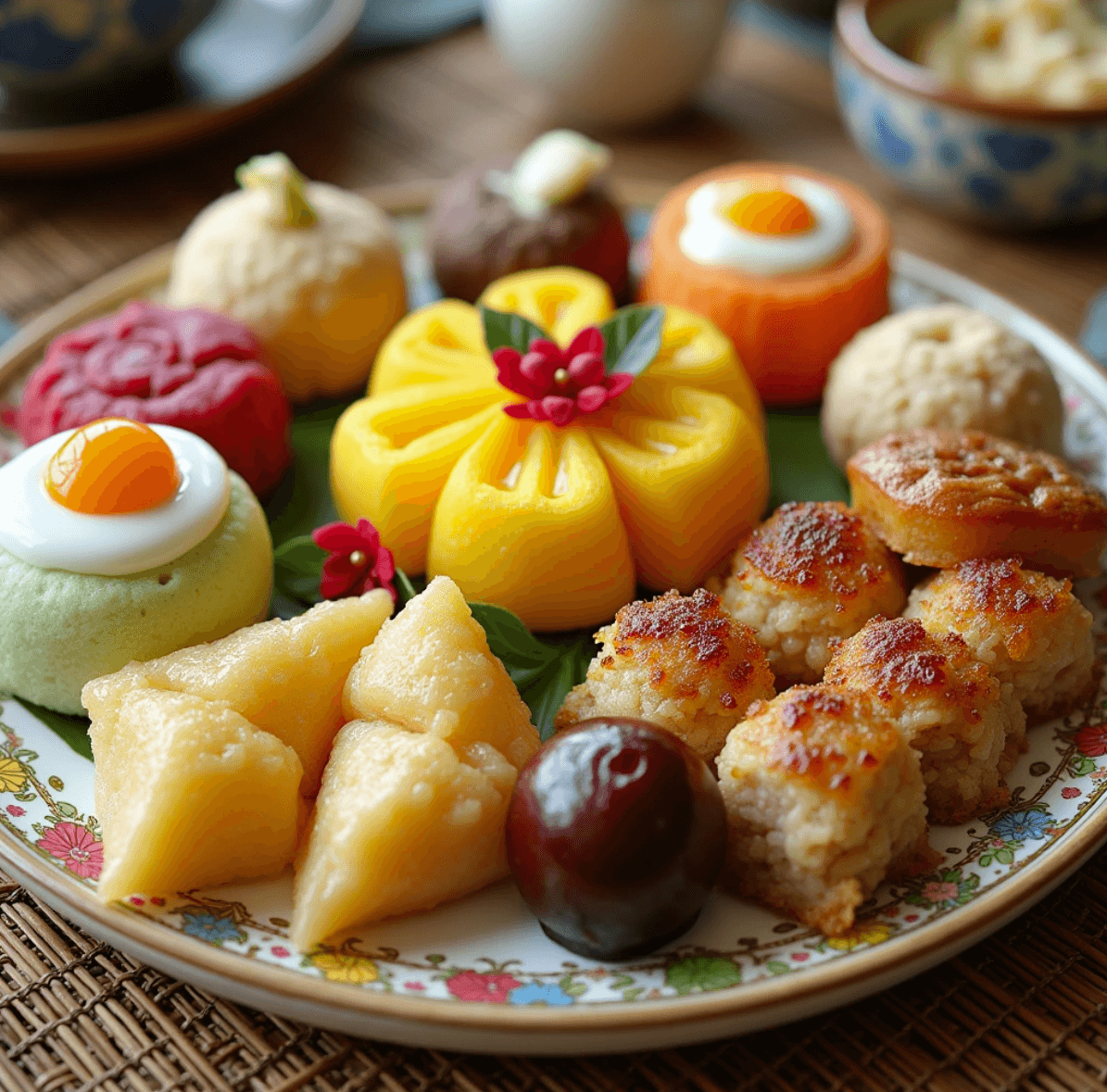 A platter of colorful and diverse Asian desserts including mochi, mango sticky rice, baklava, and tteok.