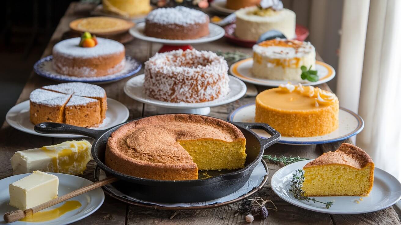 Golden-brown cornbread in a cast-iron skillet on a wooden table with butter and honey.