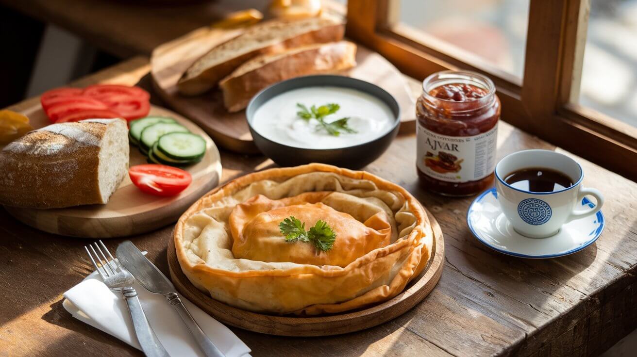 Traditional Balkan breakfast spread with burek, bread, ajvar, yogurt, and coffee.