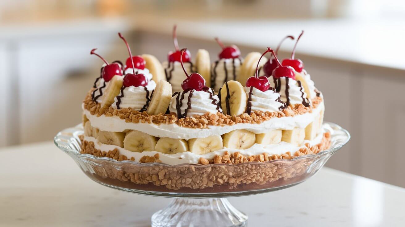 Beautifully layered banana split cake with whipped cream, cherries, and chocolate drizzle on a kitchen counter.