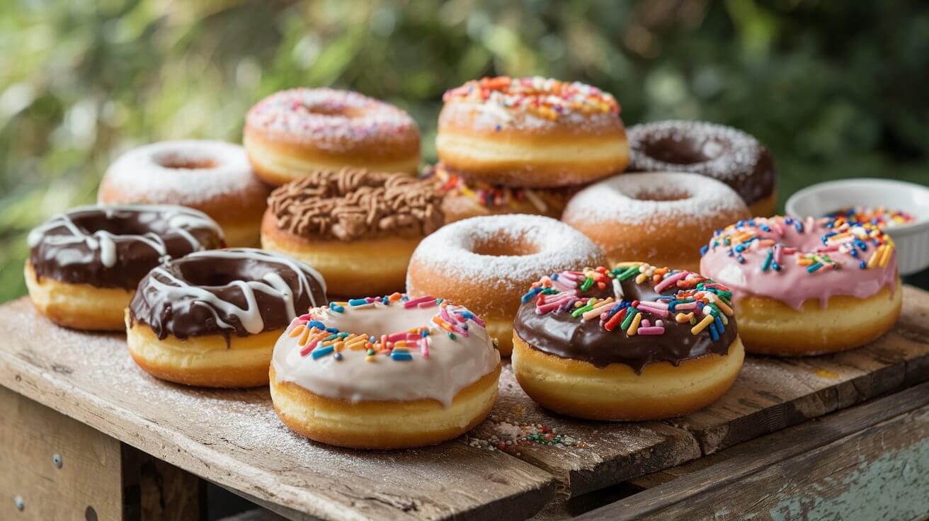 Assortment of gluten-free donuts with various toppings on a wooden table.