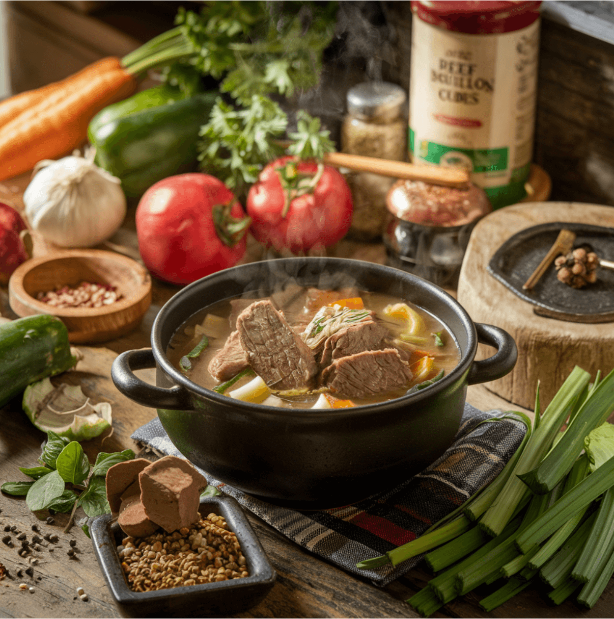 A steaming bowl of beef soup on a rustic kitchen table surrounded by fresh vegetables, herbs, and beef bouillon cubes.