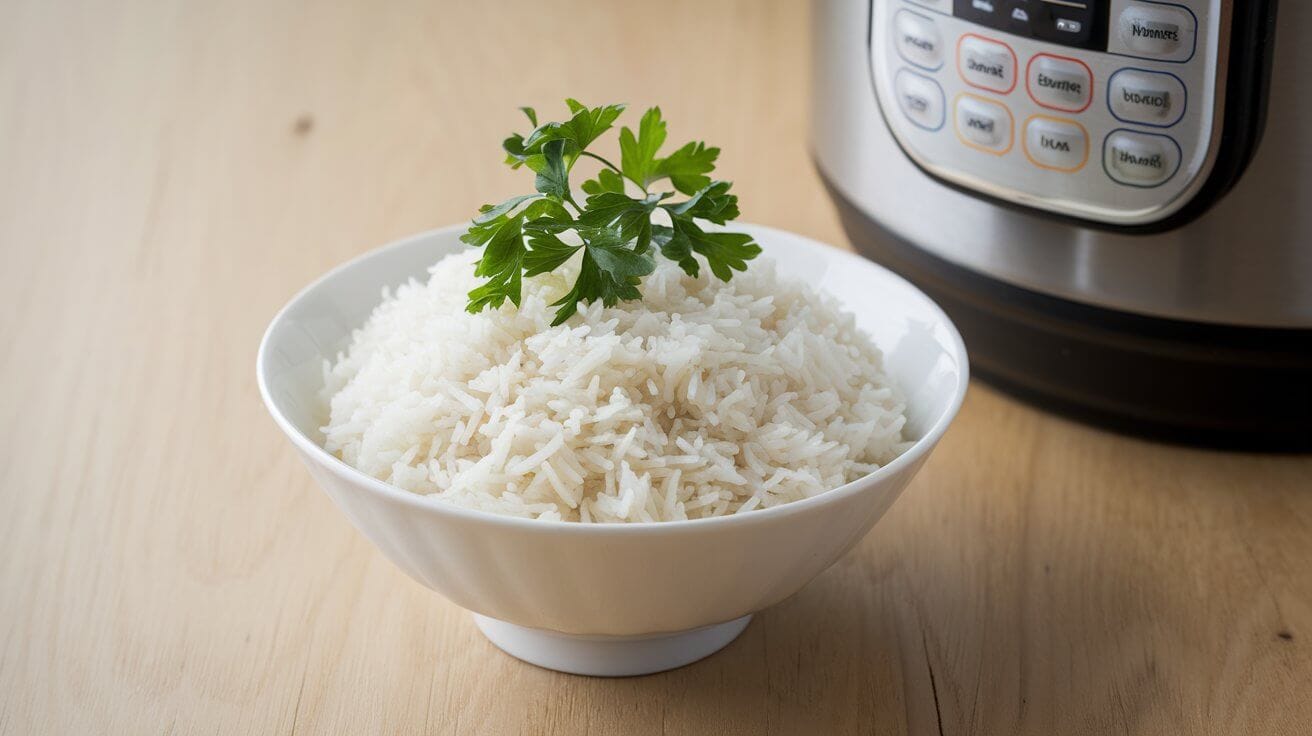 A bowl of fluffy Jasmine Rice with parsley garnish beside an Instant Pot.