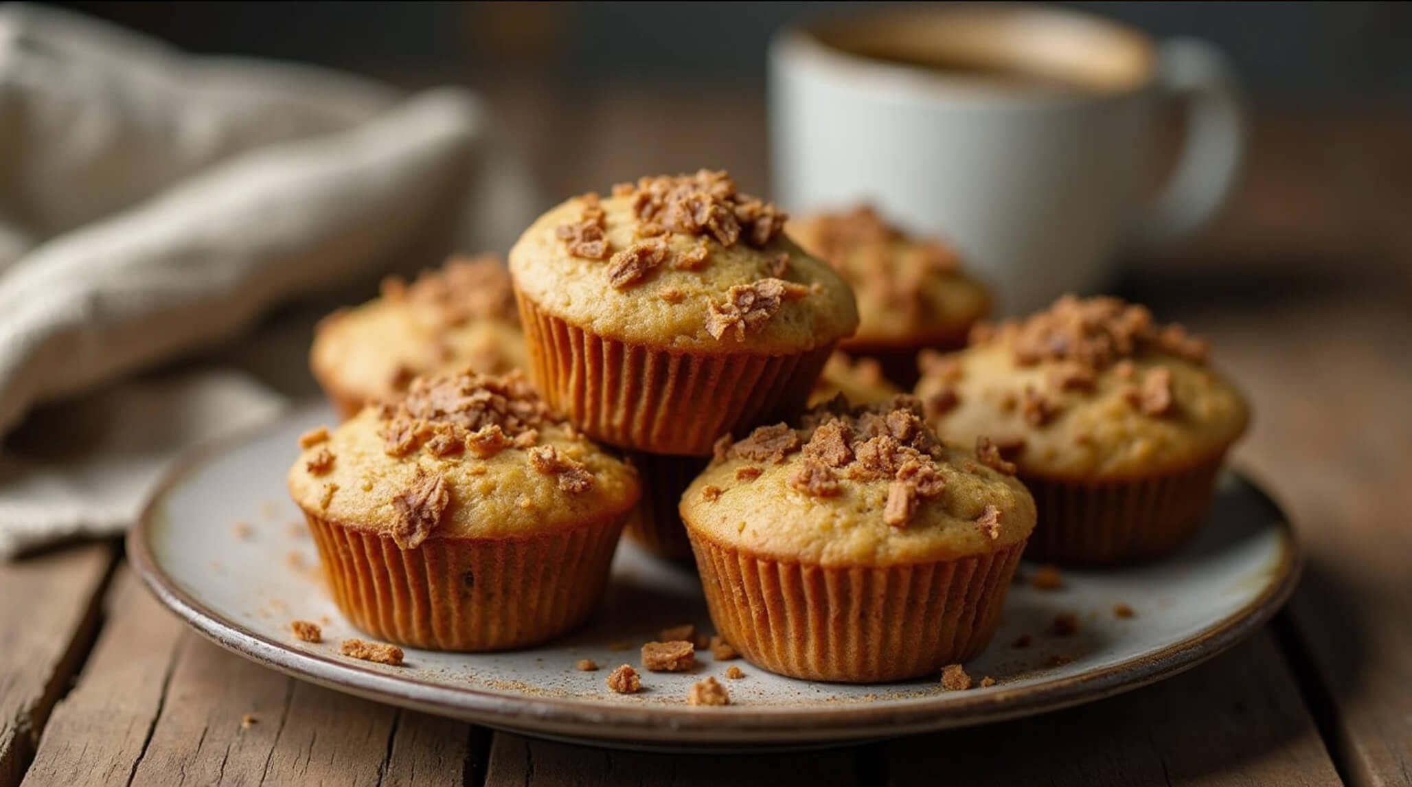 A presentation of freshly baked coffee cake muffins with streusel topping and a cup of coffee on a rustic wooden table.