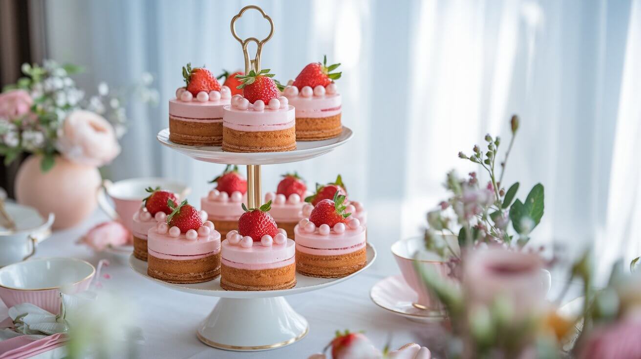 A vibrant display of Mini Strawberry Cakes on a cake stand, surrounded by elegant decor.