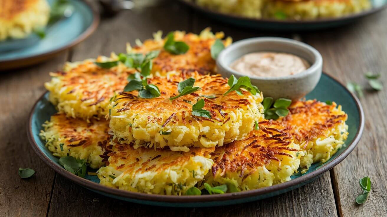 Golden crispy cauliflower hash browns garnished with fresh herbs on a rustic wooden table.