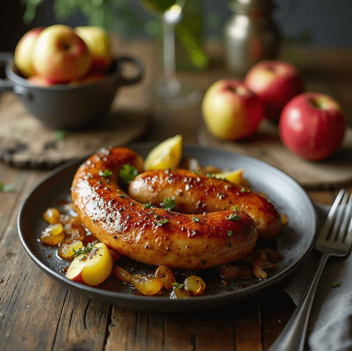 A plated chicken apple sausage dish with apples and fresh herbs, styled for a rustic presentation.