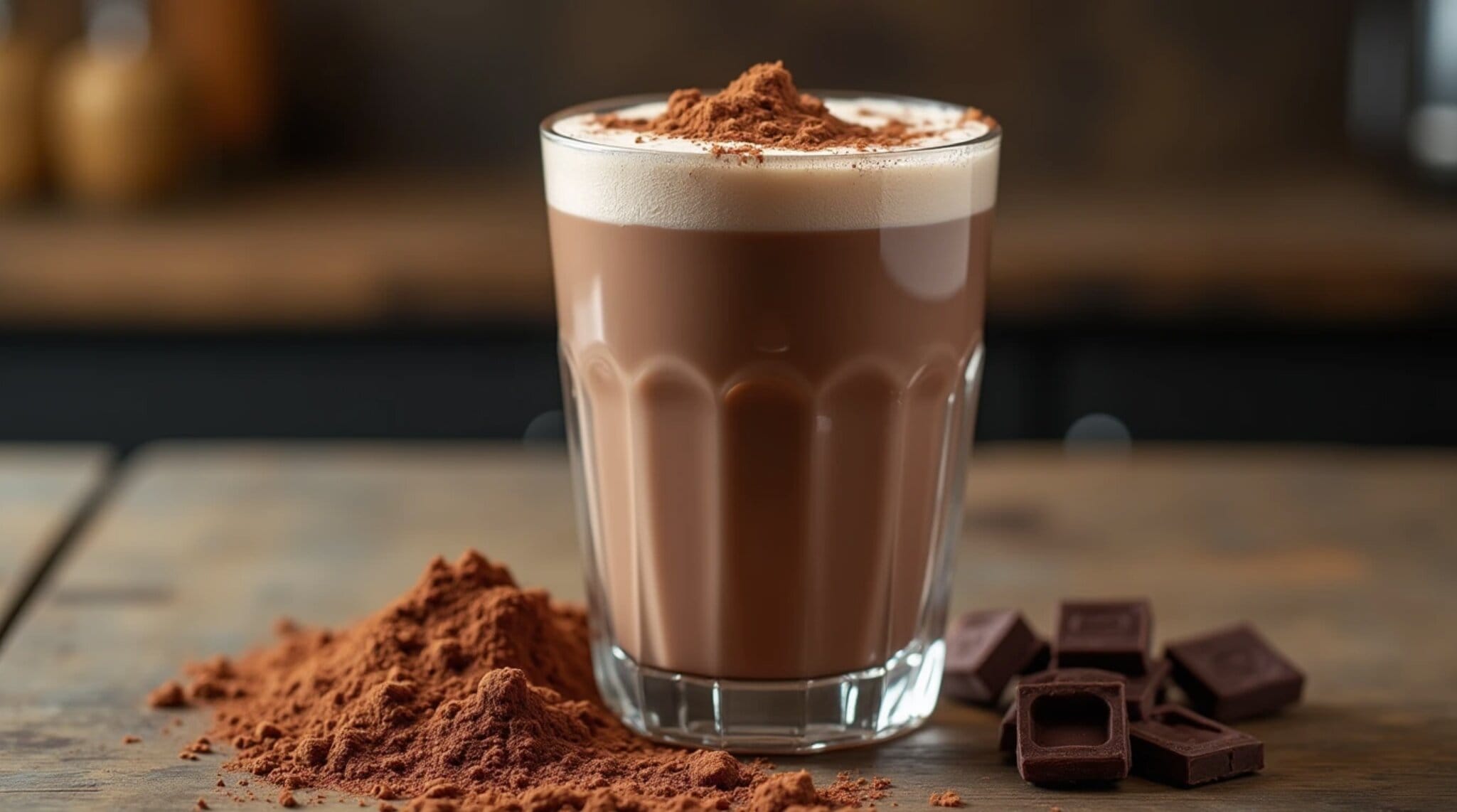 A glass of creamy chocolate milk with chocolate pieces and cocoa powder on a wooden table.