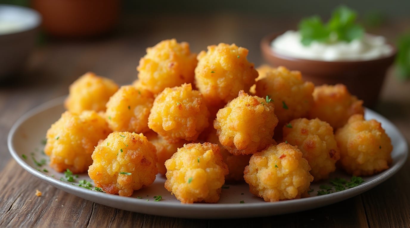 Golden crispy corn nuggets on a plate with dipping sauce and parsley garnish, set on a rustic wooden table.