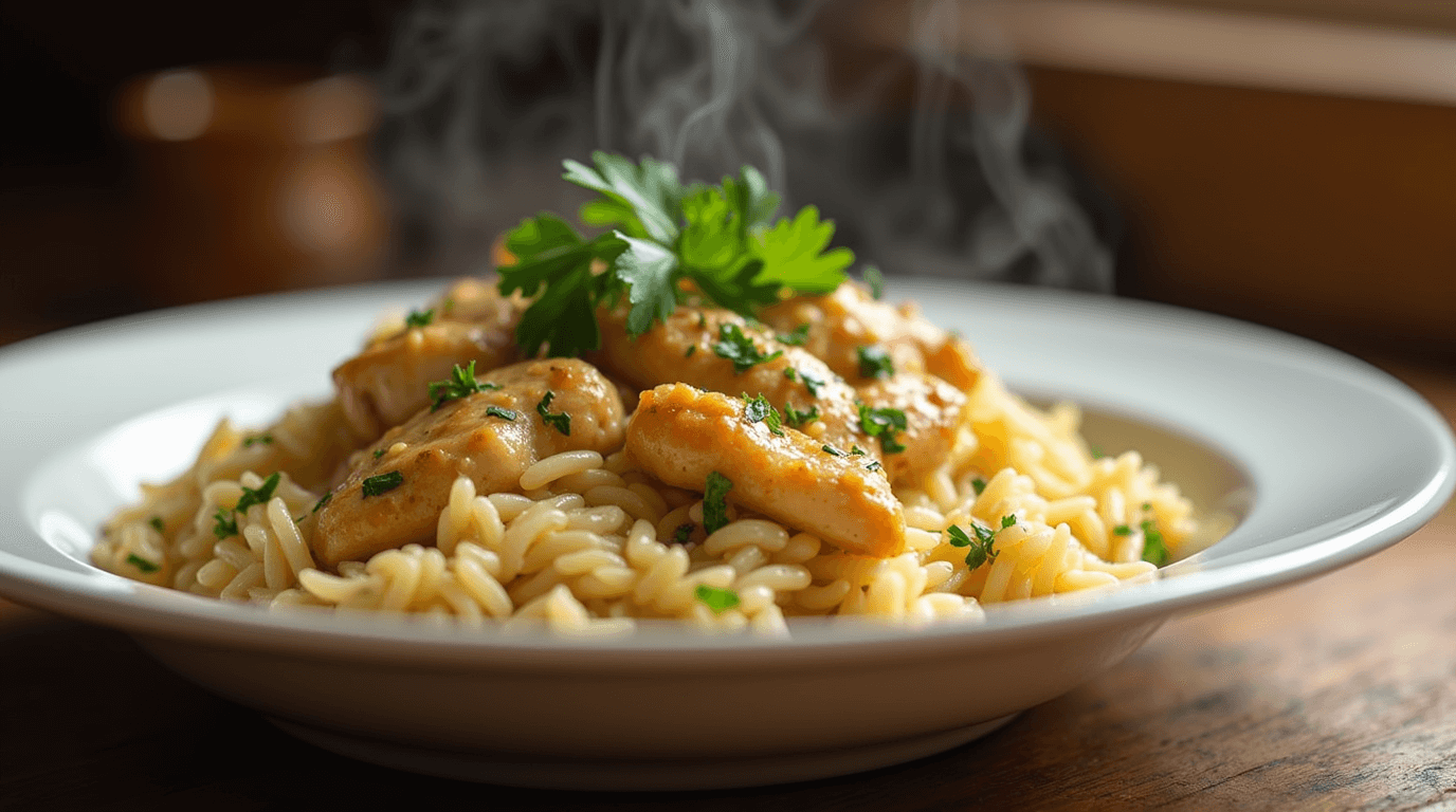 Creamy chicken and rice served in a bowl with parsley garnish.