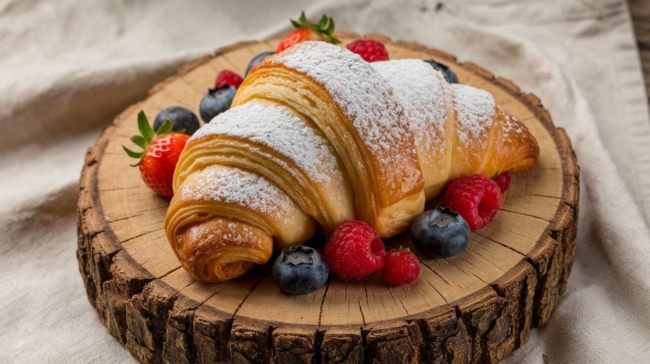 Delicious cookie croissant on a wooden board with fresh berries and powdered sugar