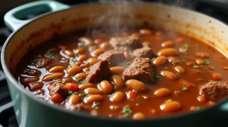 A pot of Carne en Su Jugo simmering with beef, beans, and tomatillo broth.