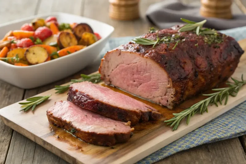 A sliced meatloaf with a glossy glaze on a wooden board, garnished with parsley
