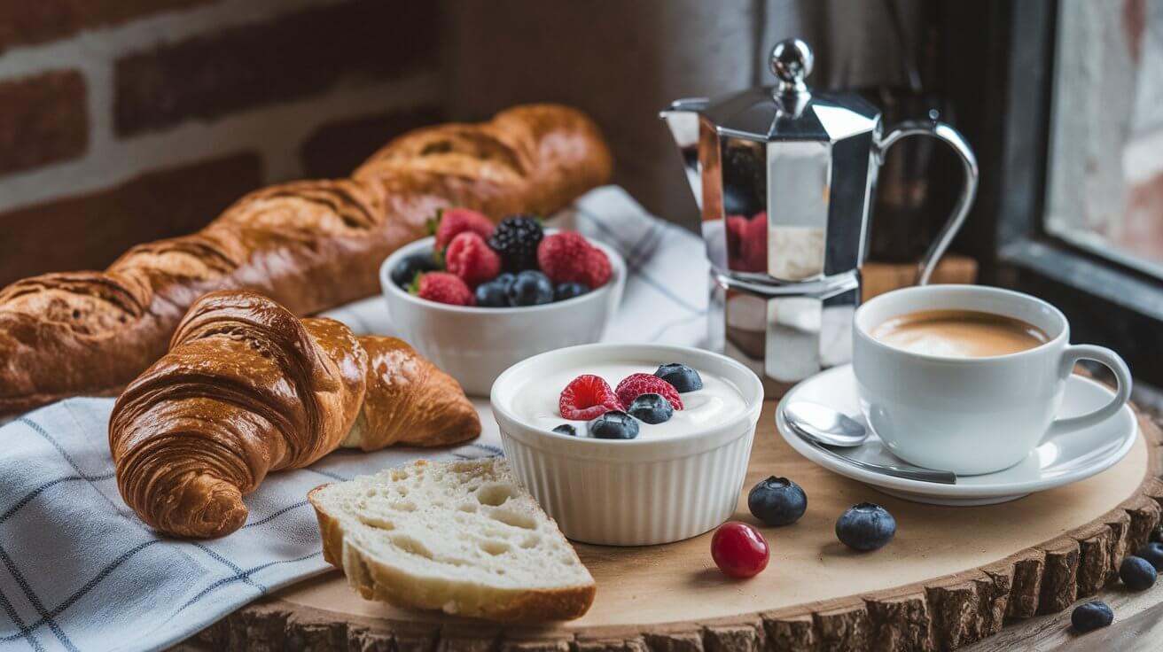 A golden croissant with café au lait on a Parisian café table.