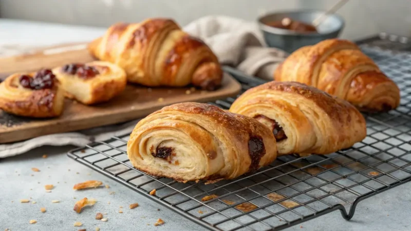 Freshly baked cookie croissants cooling on a wire rack.