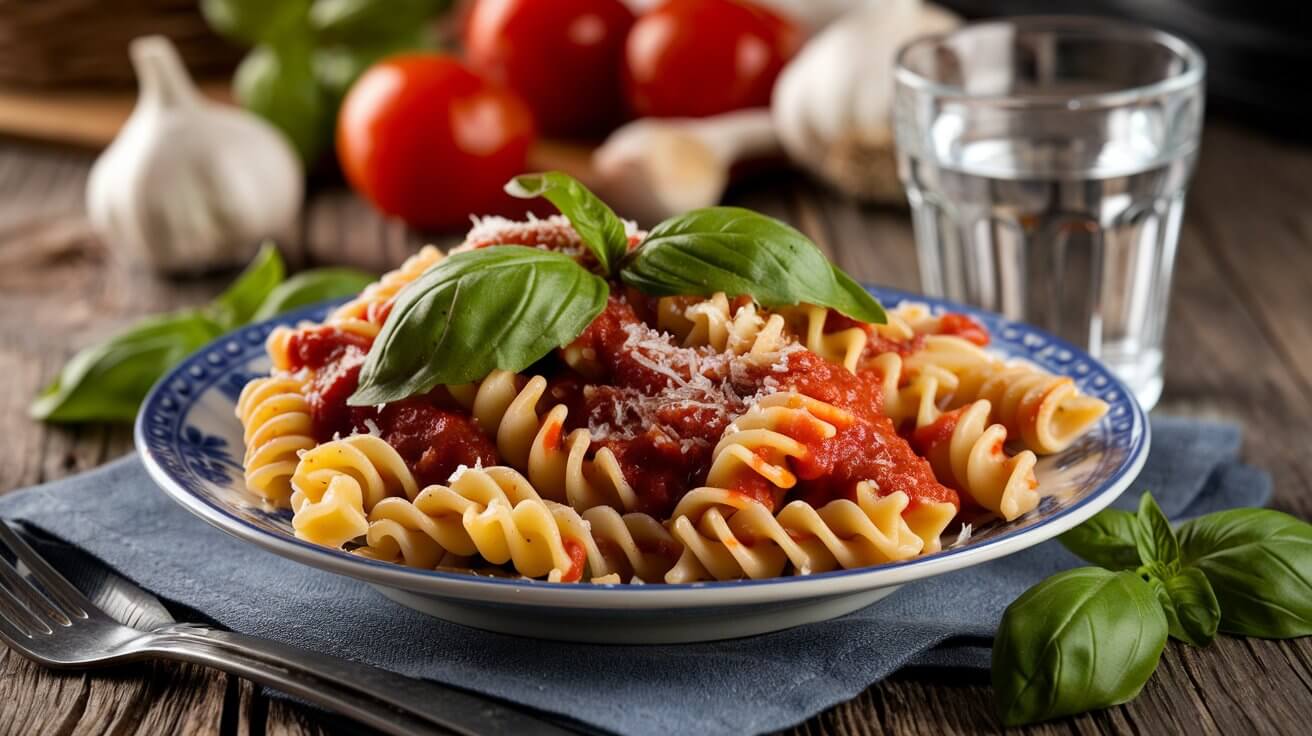 Fusilli pasta with marinara sauce garnished with basil and Parmesan cheese on a rustic table.