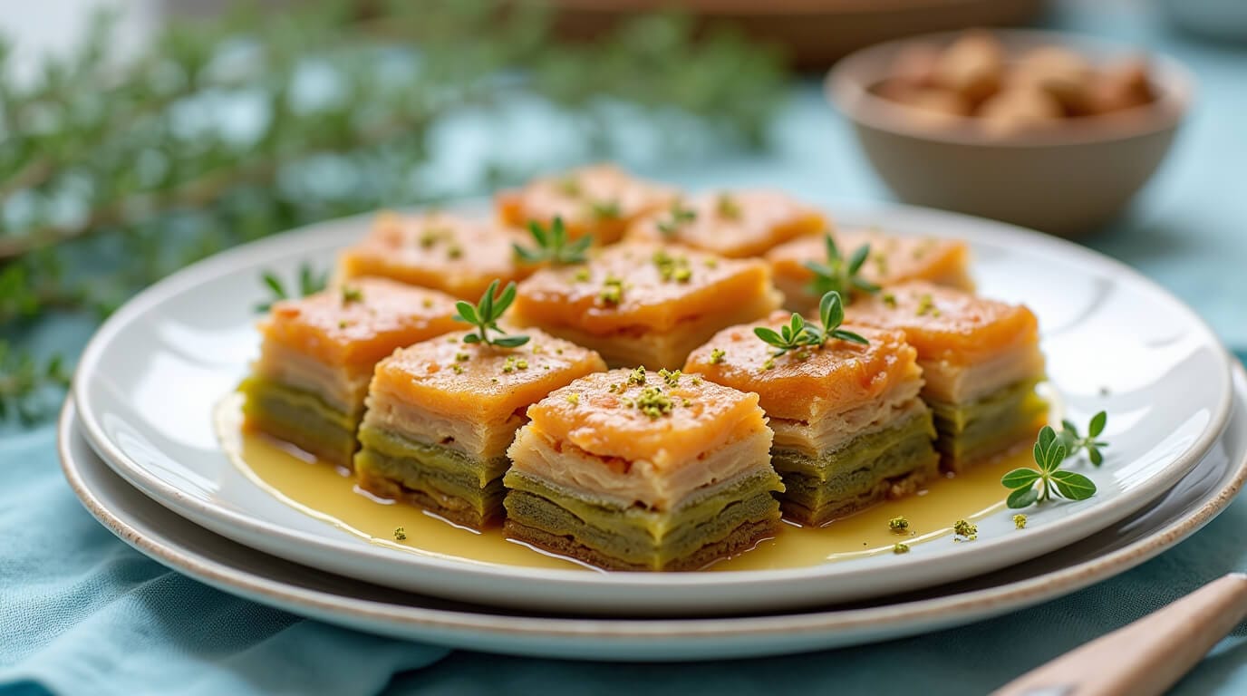 Traditional Greek baklava served on a plate with honey drizzle and pistachio garnish.