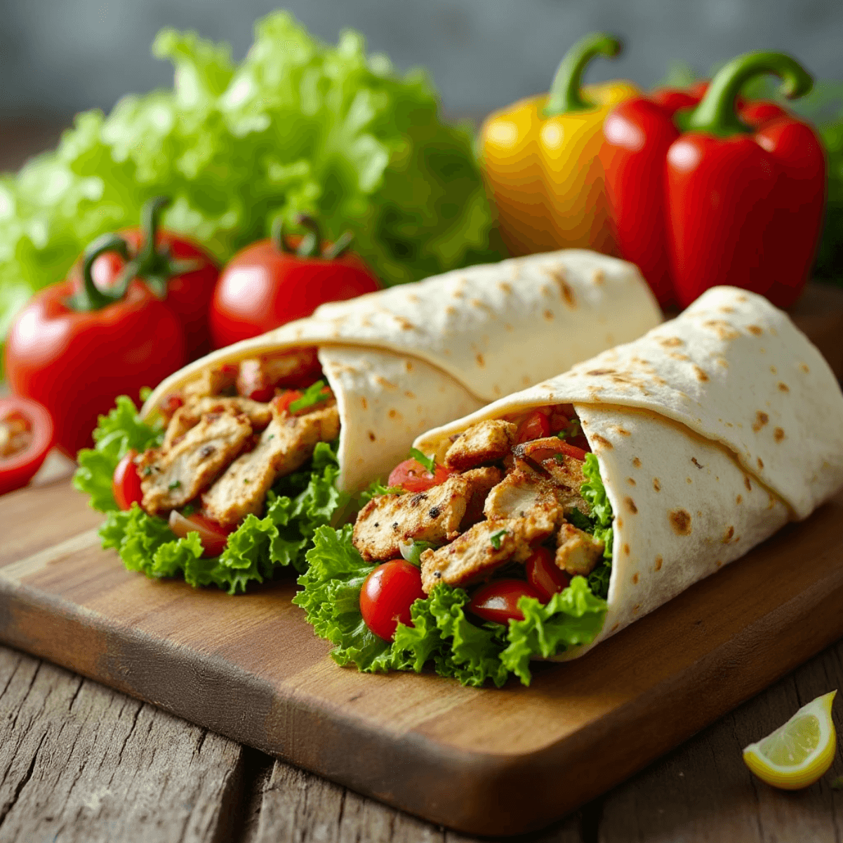 A freshly made grilled chicken wrap sliced open to showcase its vibrant fillings, surrounded by fresh vegetables on a wooden cutting board.