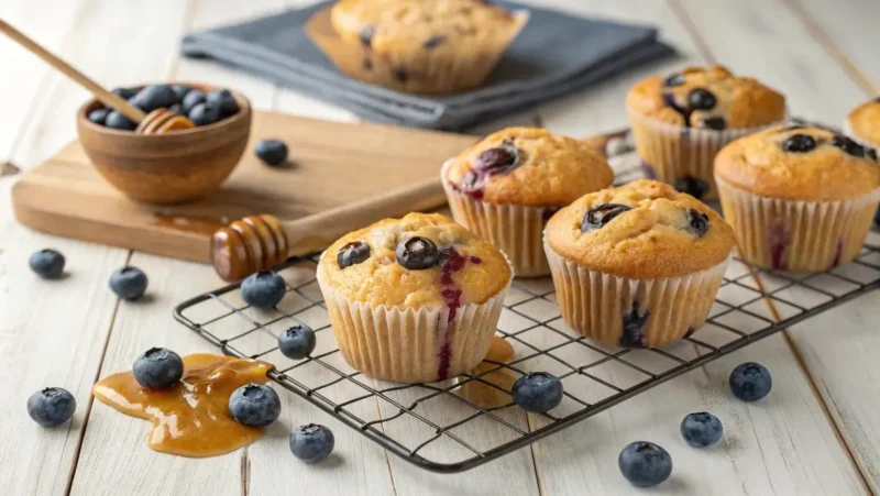 High protein blueberry muffins on a cooling rack with fresh blueberries and a drizzle of honey.