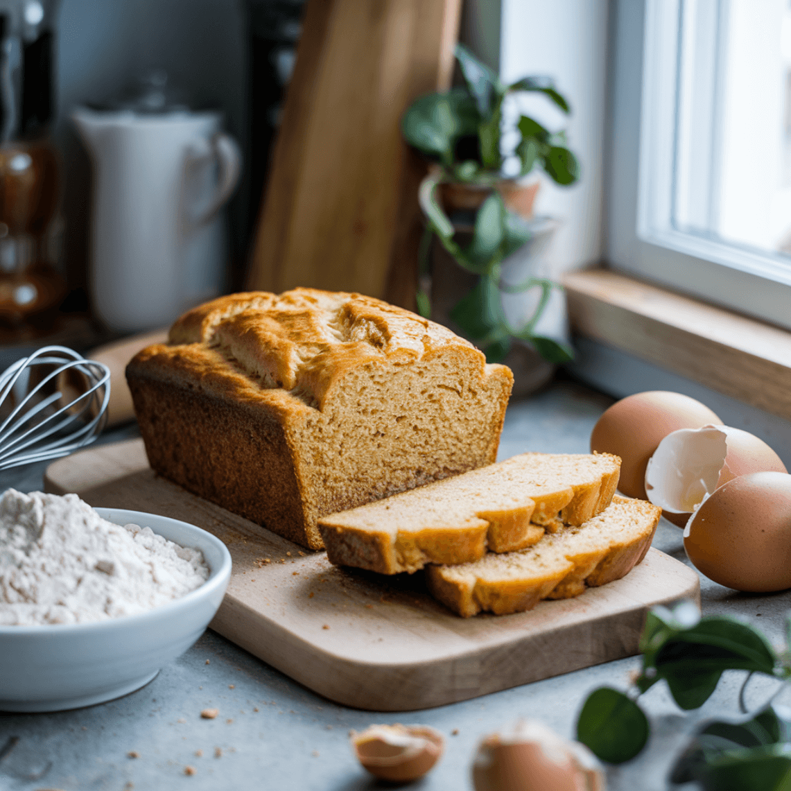 Freshly sliced low carb bread on a cutting board with ingredients.