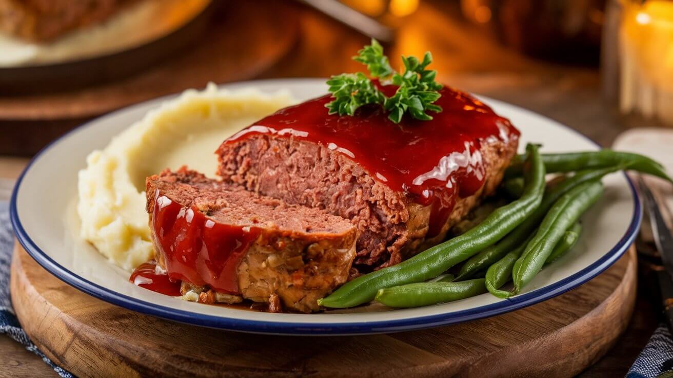 A slice of glazed meatloaf served with mashed potatoes and green beans on a white plate.