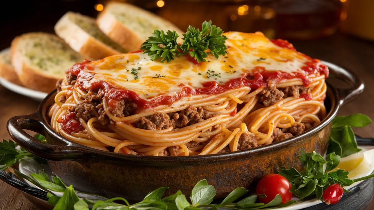 Million Dollar Spaghetti in a casserole with bubbling golden cheese, garnished with parsley, served with garlic bread and salad.