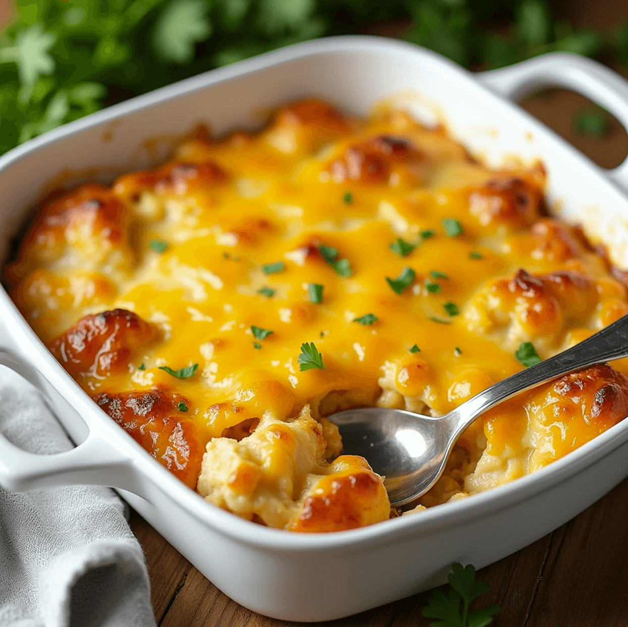 Million Dollar Chicken Casserole served in a white dish, topped with golden cheese, and garnished with fresh parsley.