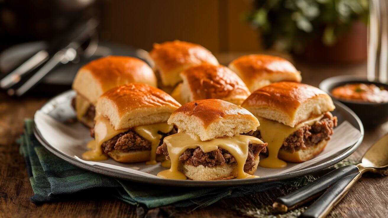 A platter of Philly cheesesteak sliders with melted cheese and sautéed vegetables on a rustic table.