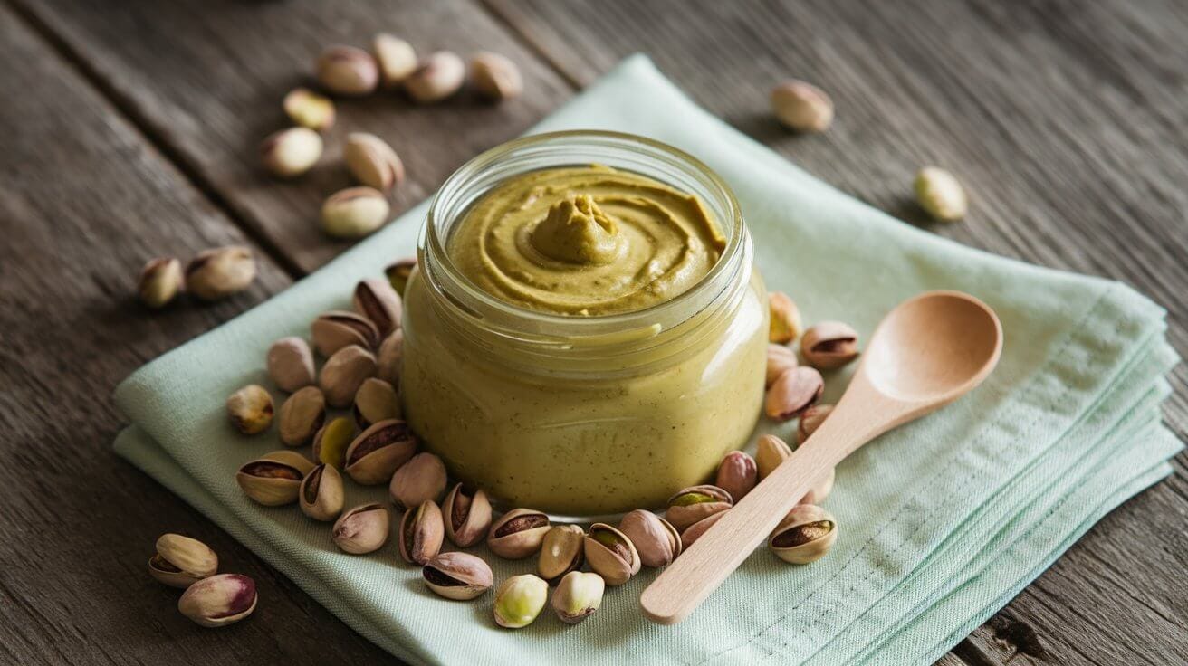 Jar of creamy pistachio spread with fresh pistachios on a rustic table.