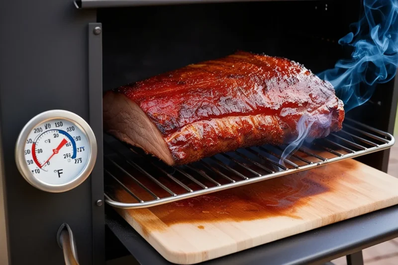 Prevent Dry Smoked: Meat smoker with a thermometer reading 225°F and brisket forming a smoky bark inside, with thin blue smoke rising.