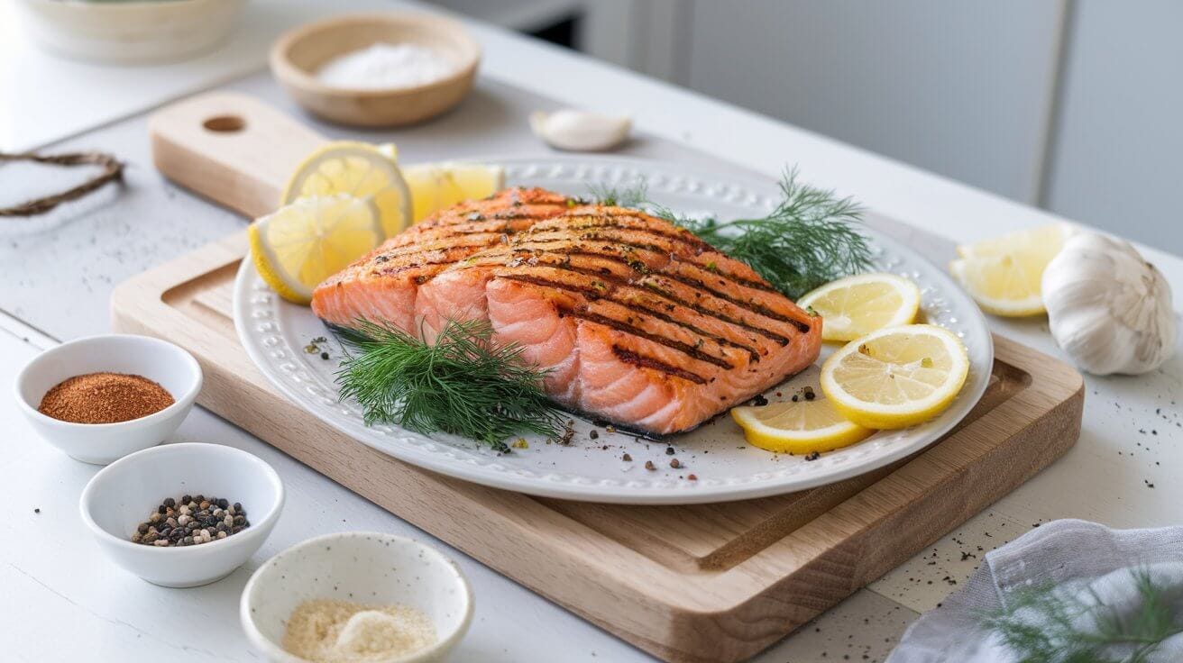 Grilled salmon garnished with dill and lemon, surrounded by spices on a wooden cutting board.