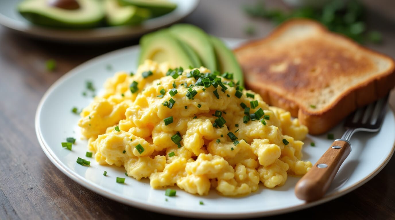 Plated scrambled eggs cottage cheese garnished with fresh herbs, served with toast and avocado slices on a rustic table.