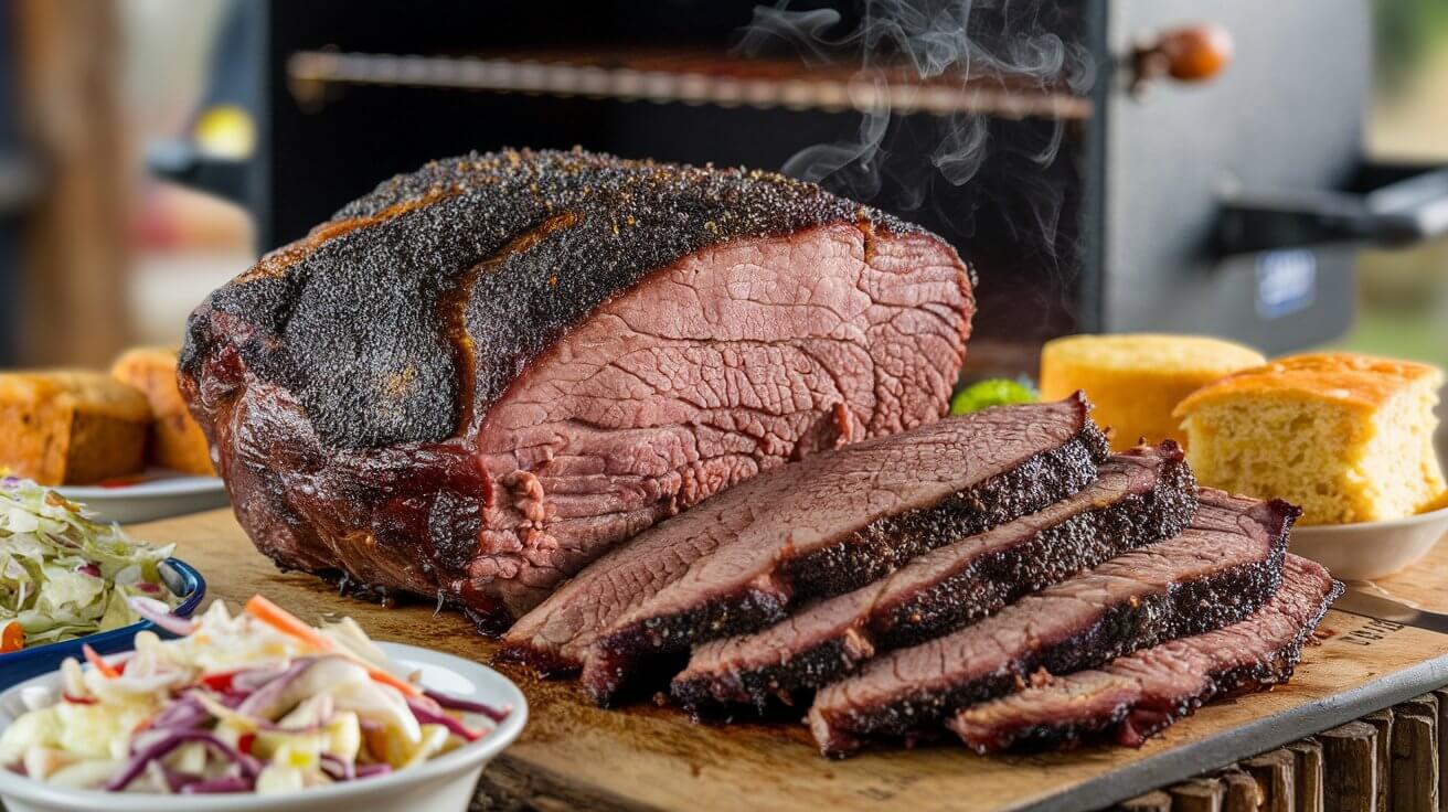 A smoked brisket with a deep, caramelized crust, sliced to display its tender, juicy interior, served on a wooden board alongside coleslaw and cornbread. Smoke wafts in the background.