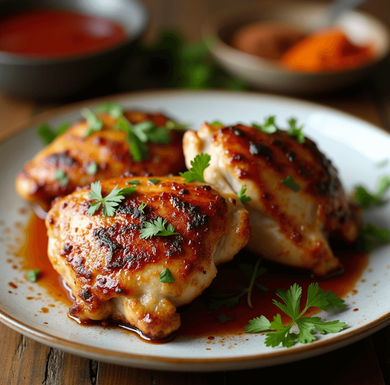 Smoked chicken thighs with crispy skin served on a rustic plate with BBQ sauce and garnishes.