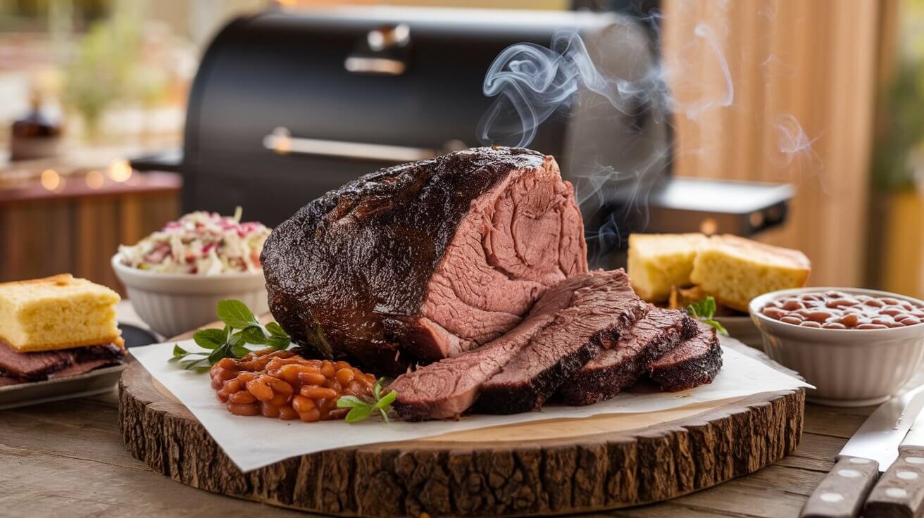 Perfectly smoked chuck roast served with classic BBQ sides on a rustic cutting board.