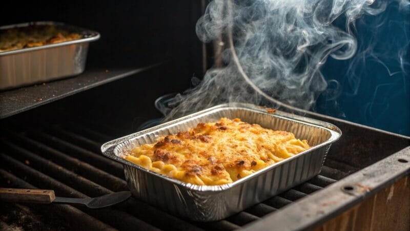 Mac and cheese in a smoker with smoke swirling around the dish.