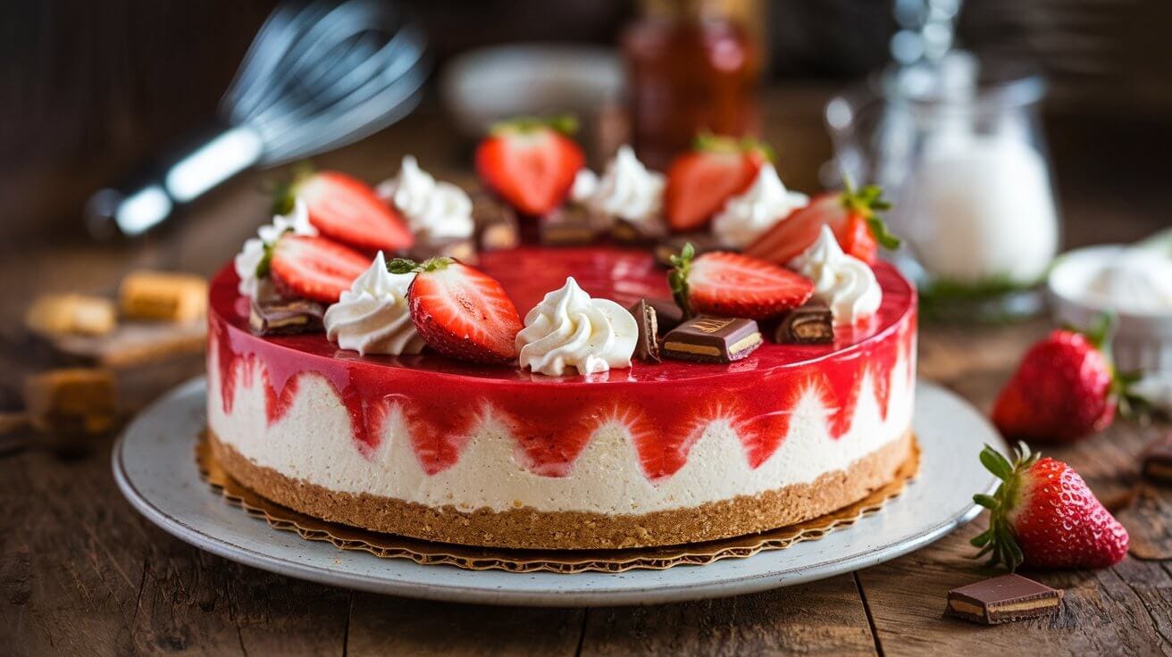 A vibrant Snickers Strawberry Cheesecake with strawberry topping and Snickers chunks, styled on a rustic table.