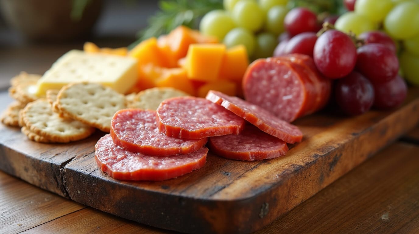 Sliced summer sausage with cheese and crackers on a wooden board.