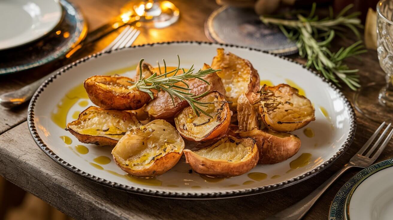 A plate of smashed sunchokes garnished with rosemary and olive oil on a wooden table.