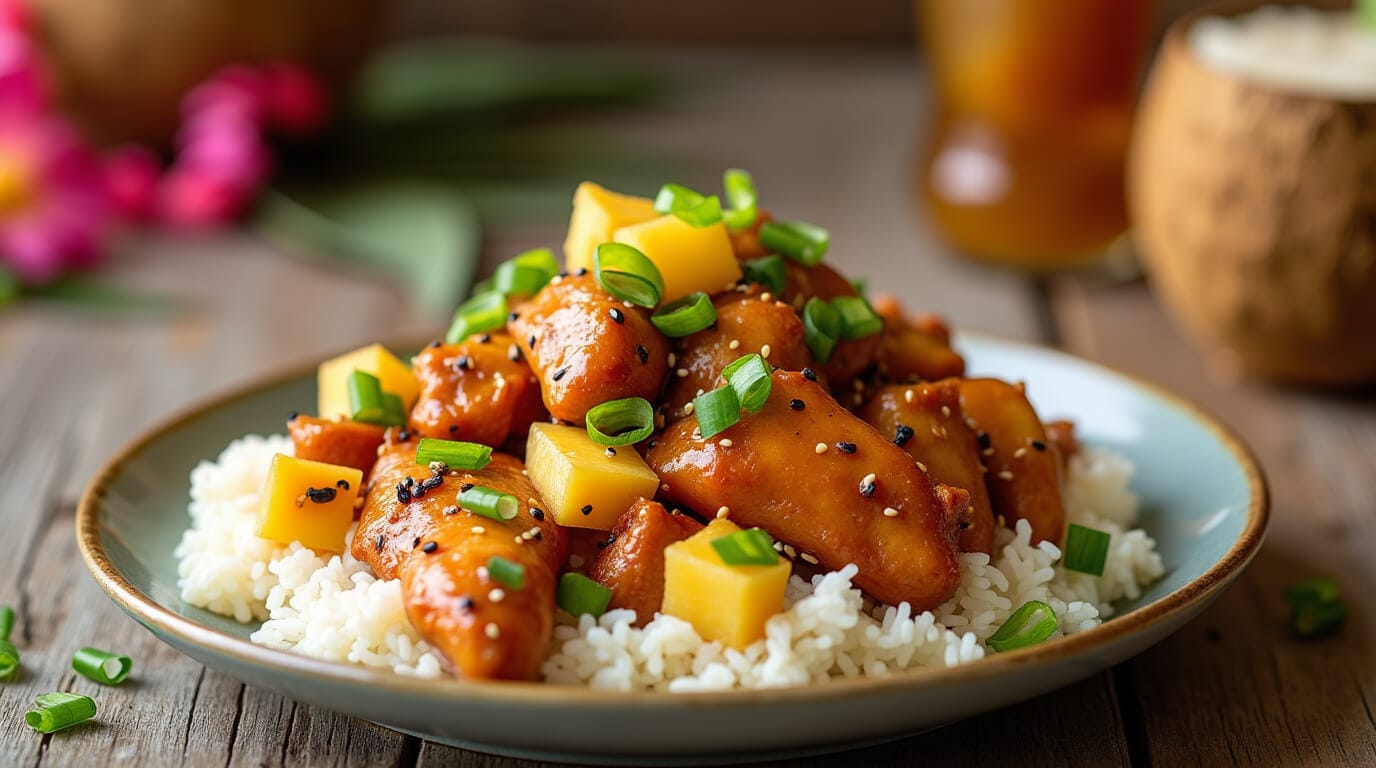 Sweet Hawaiian Chicken served over rice with pineapple and sesame seeds on a tropical-themed table.