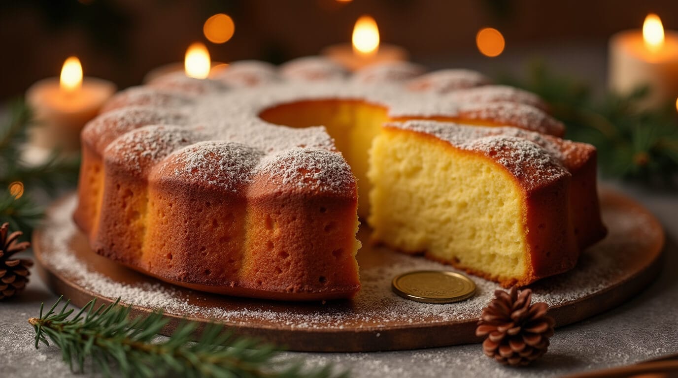 the Greek desserts,, a festive Vasilopita cake sliced to reveal a hidden coin, with powdered sugar garnish.