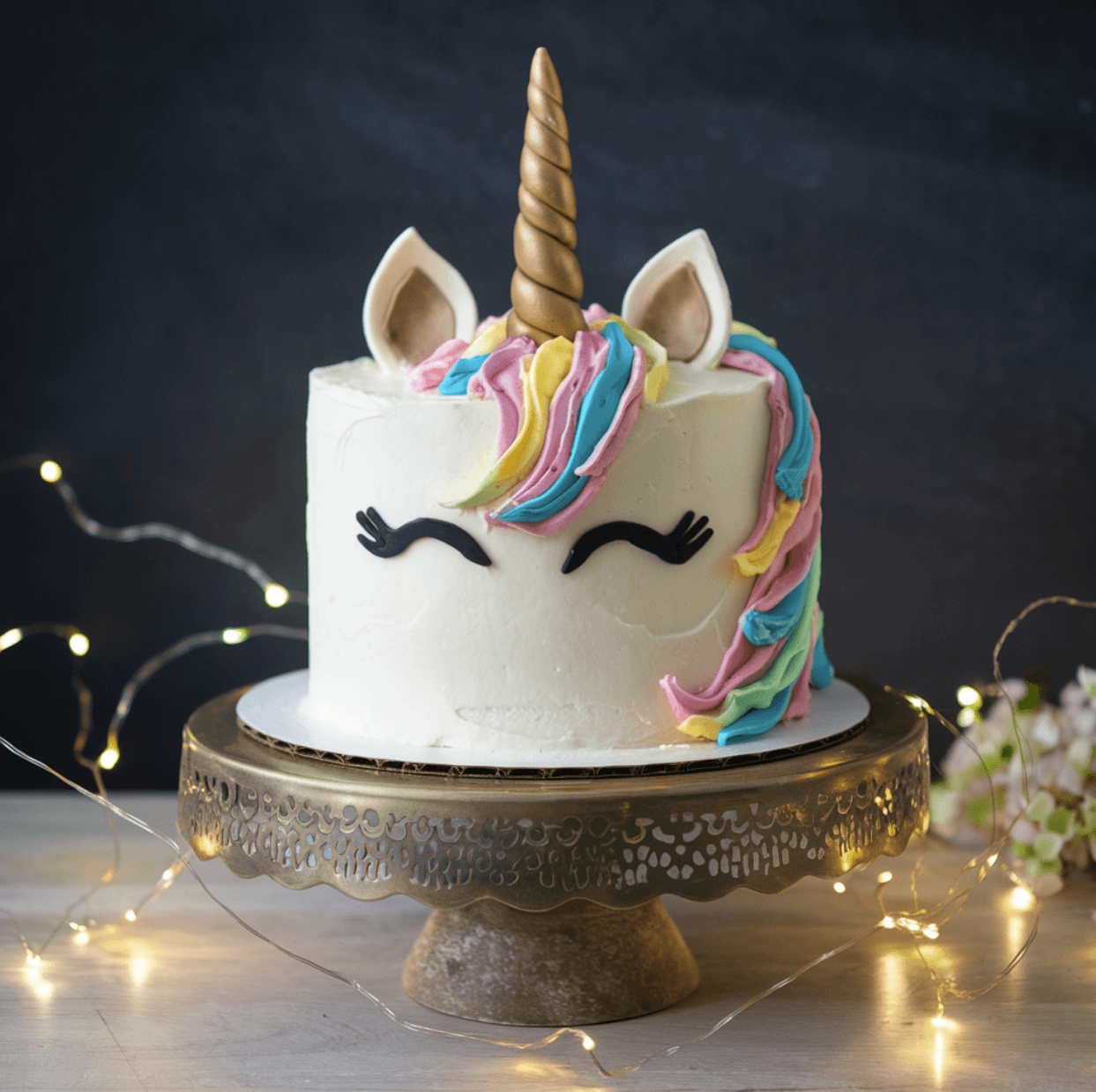 A unicorn cake with a golden horn and colorful mane, placed on a decorative cake stand with fairy lights.