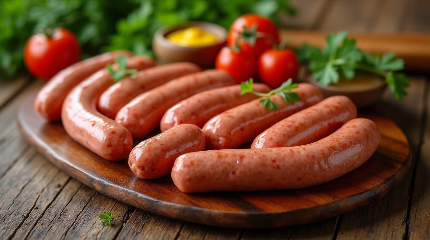 An appetizing display of Vienna sausages served on a wooden platter with mustard and garnishes.