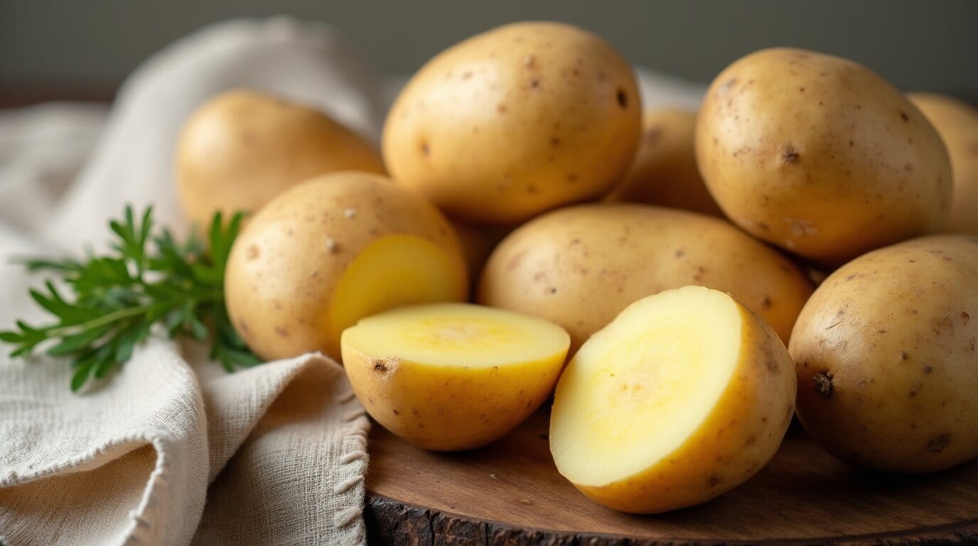 Yukon Gold Potatoes displayed whole and sliced on a rustic table.