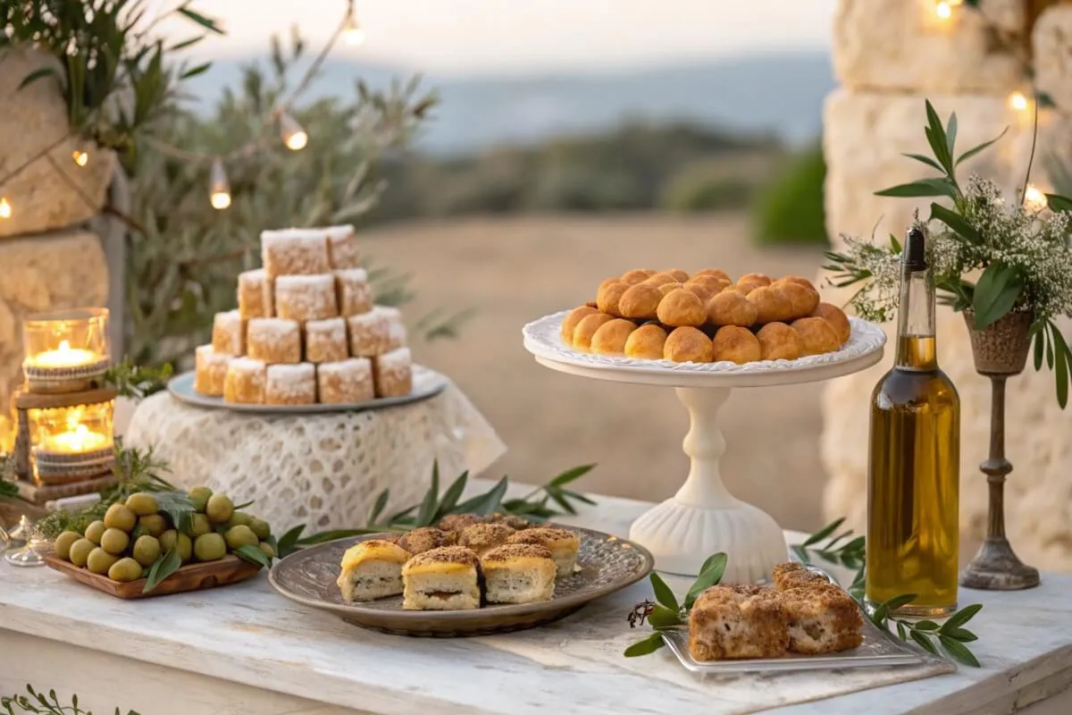 Traditional Greek desserts on a rustic table with Mediterranean decor.