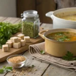 Chicken bouillon cubes, granules, and a pot of steaming soup on a rustic wooden table with fresh herbs.