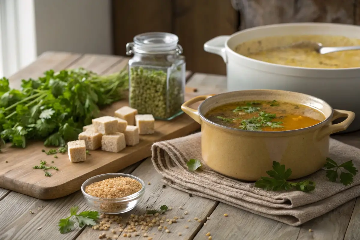 Chicken bouillon cubes, granules, and a pot of steaming soup on a rustic wooden table with fresh herbs.