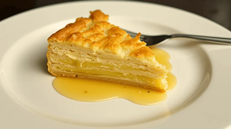 A slice of Galaktoboureko with custard and syrup on a white plate.